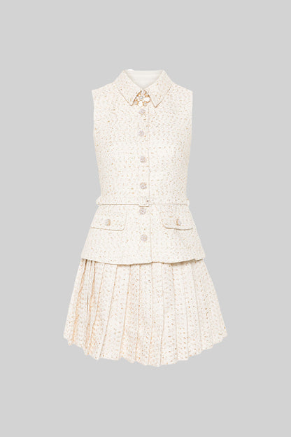 Vestido Mini Texturizado Sem Mangas Com Saia Plissada E Cinto - Ivoire