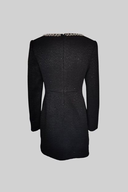 Vestido Mini de Malha com Decote Quadrado e Detalhes em Prata - Preto