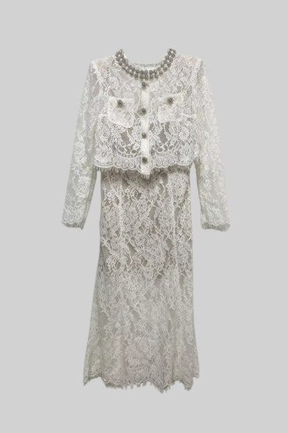 Conjunto de Renda com Detalhes Brilhantes no Decote e Saia Midi - Branco