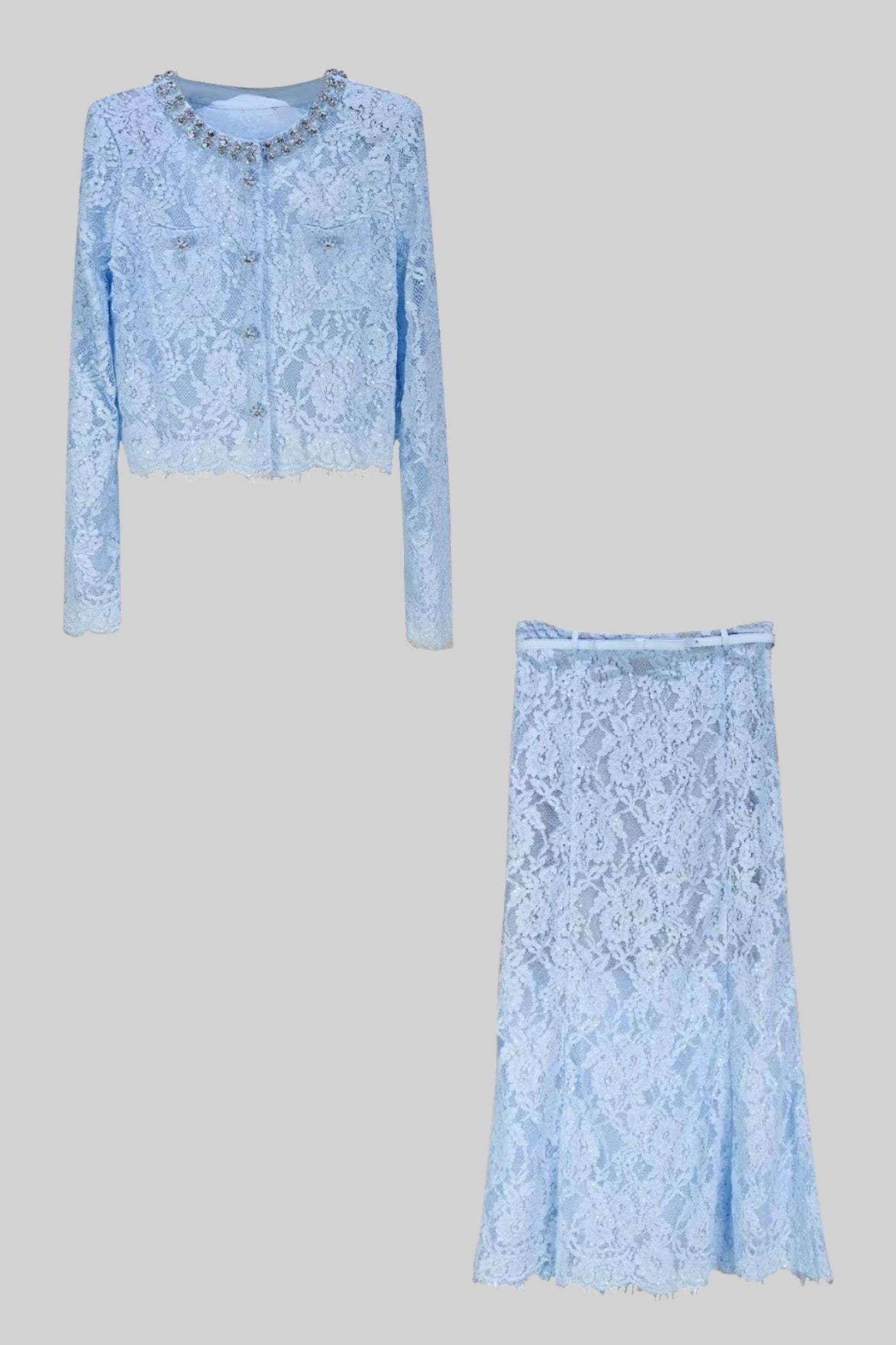 Conjunto de Renda com Detalhes Brilhantes no Decote e Saia Midi - Azul