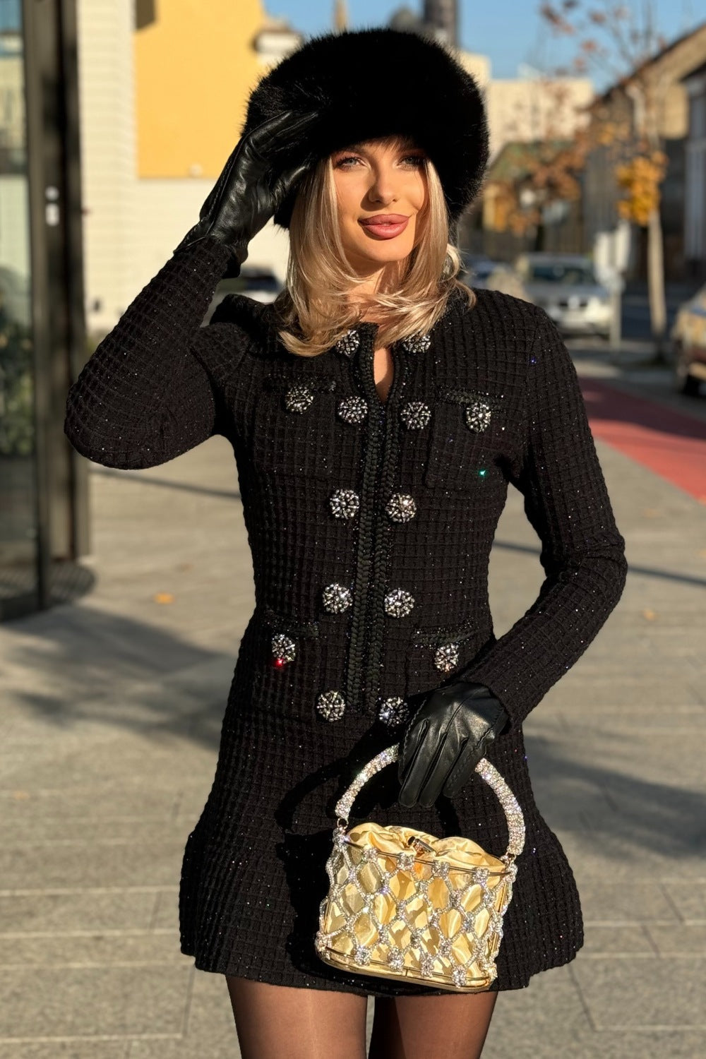 Vestido Tricotado Preto de Manga Longa até ao Joelho