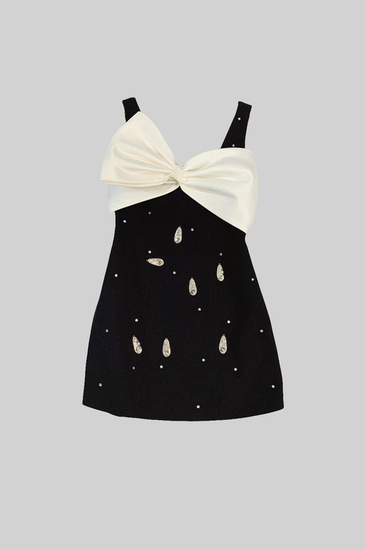 Vestido Mini Decorado Com Laço Branco no Decote - Preto
