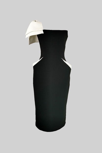 Vestido Justo de Um Ombro com Detalhes Brancos - Preto