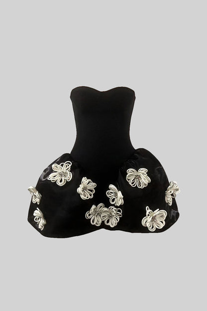 Vestido Mini Elegante com Aplicações de Flores Prateadas em 3D - Preto