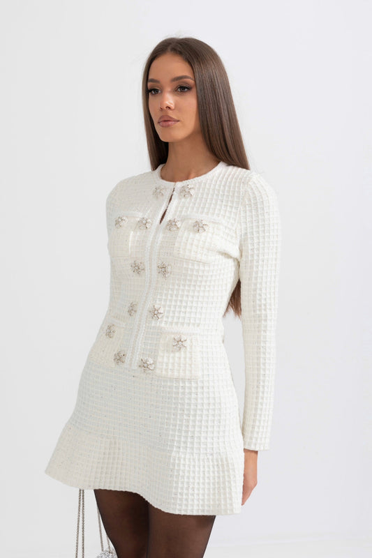 Vestido Tricotado de Manga Longa até ao Joelho - Branco
