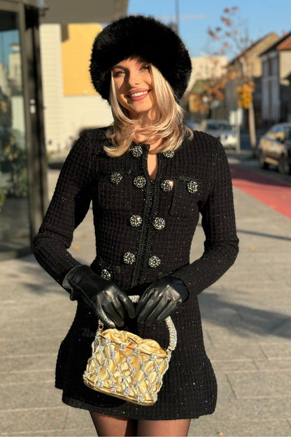 Vestido Tricotado Preto de Manga Longa até ao Joelho
