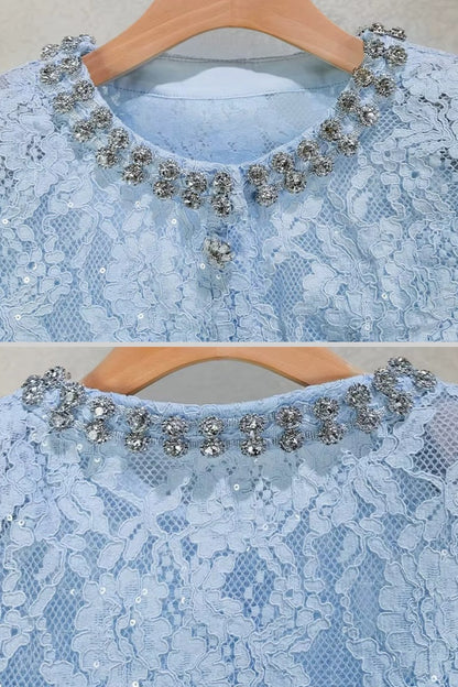 Conjunto de Renda com Detalhes Brilhantes no Decote e Saia Midi - Azul