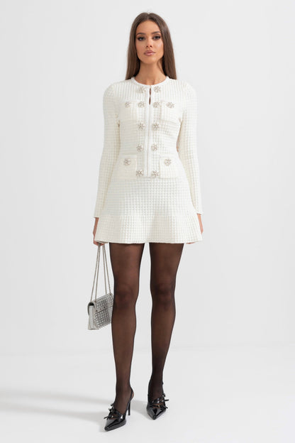 Vestido Tricotado de Manga Longa até ao Joelho - Branco