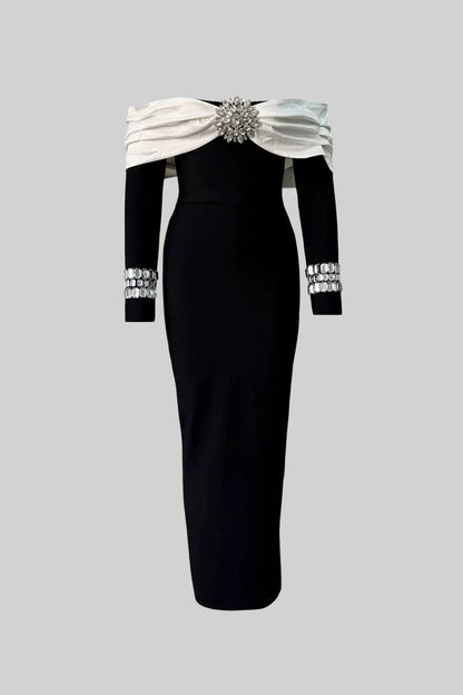 Vestido Elegante Off Shoulder Com Bustier Contrastante E Apliques Brilhantes - Preto