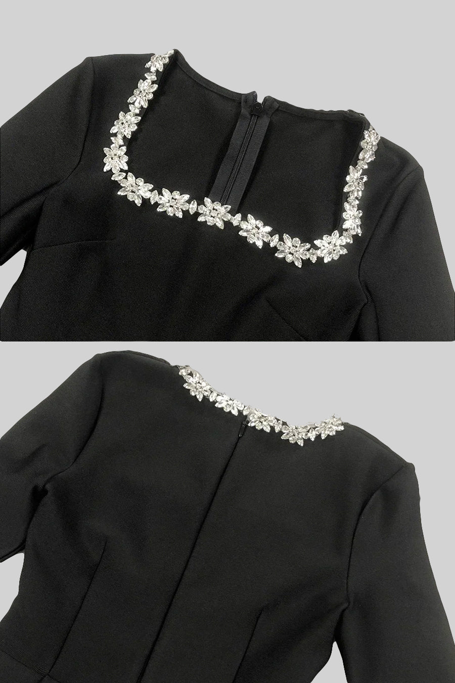 Vestido Elegante Com Decote Quadrado E Detalhes Florais Prateados - Preto