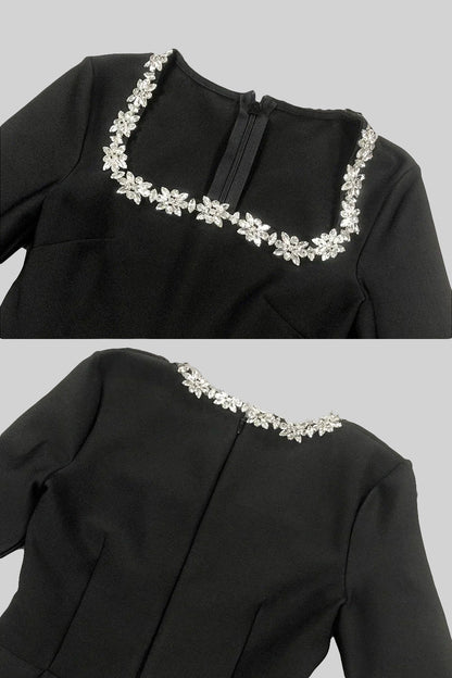 Vestido Elegante Com Decote Quadrado E Detalhes Florais Prateados - Preto