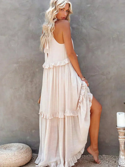 Sarah | Vestido longo com babados e alças finas