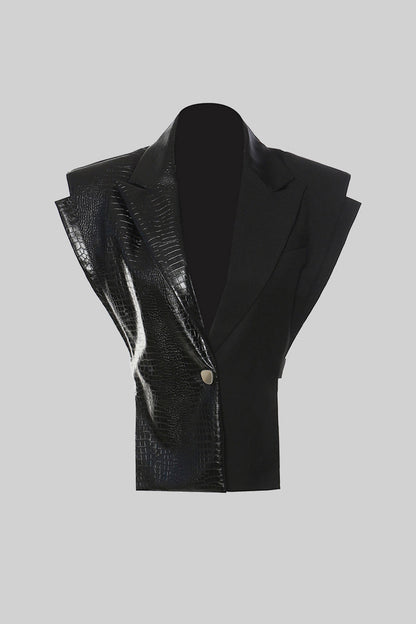 Blazer Justo Sem Mangas em Duas Tecidos - Preto
