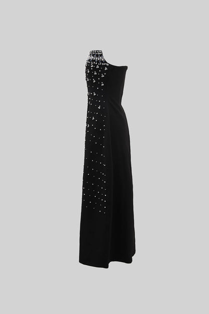 Vestido Justo Sem Mangas Com Apliques de Diamantes - Preto