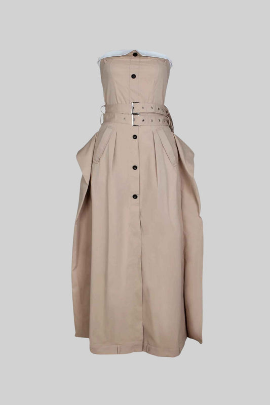 Vestido Trench Sem Alças com Cintura Cinturada e Frente Botonada - Bege