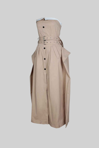 Vestido Trench Sem Alças com Cintura Cinturada e Frente Botonada - Bege