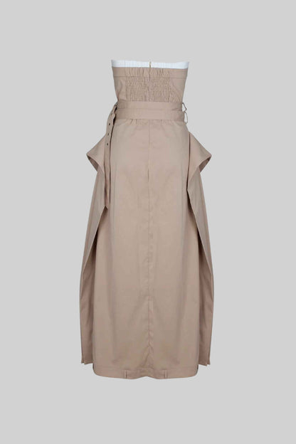 Vestido Trench Sem Alças com Cintura Cinturada e Frente Botonada - Bege