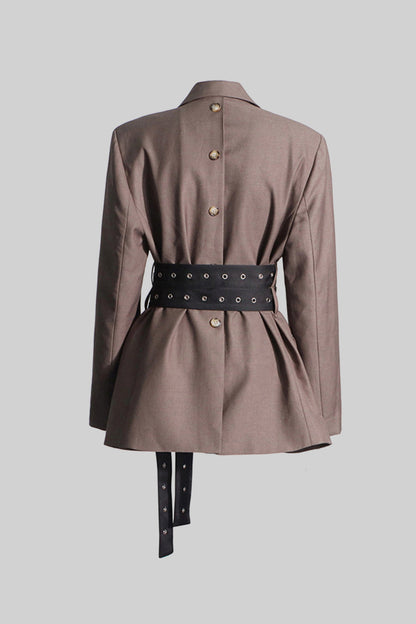 Blazer Contemporâneo Com Cinto Duplo - Castanho