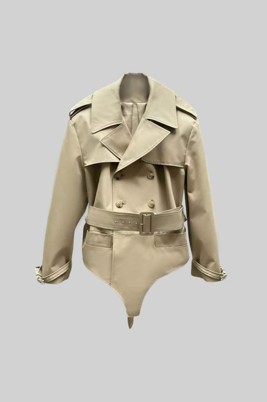Casaco Bodysuit Trench com Cintura Cinturada e Lapela Estruturada - Bege