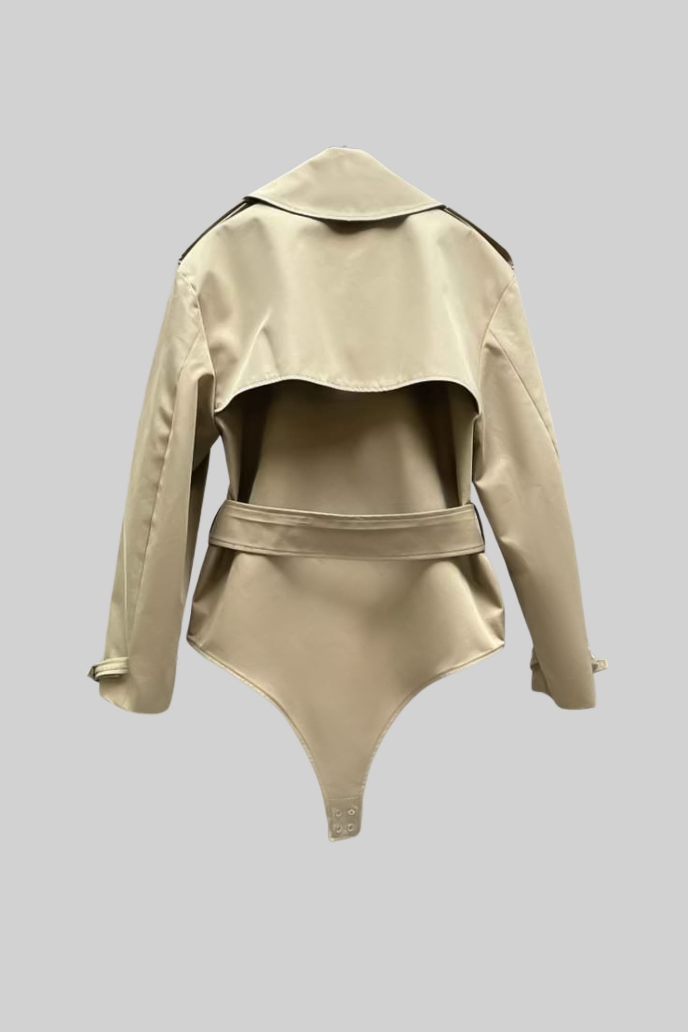 Casaco Bodysuit Trench com Cintura Cinturada e Lapela Estruturada - Bege