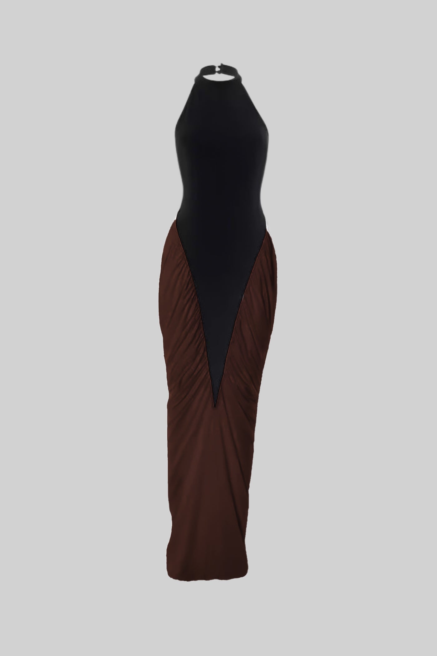 Vestido Maxi Halter com Painéis Pregueados em Contraste - Preto/Castanho