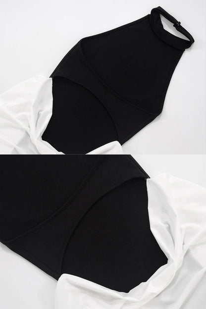 Vestido Maxi Halter com Painéis Pregueados em Contraste - Preto/Branco