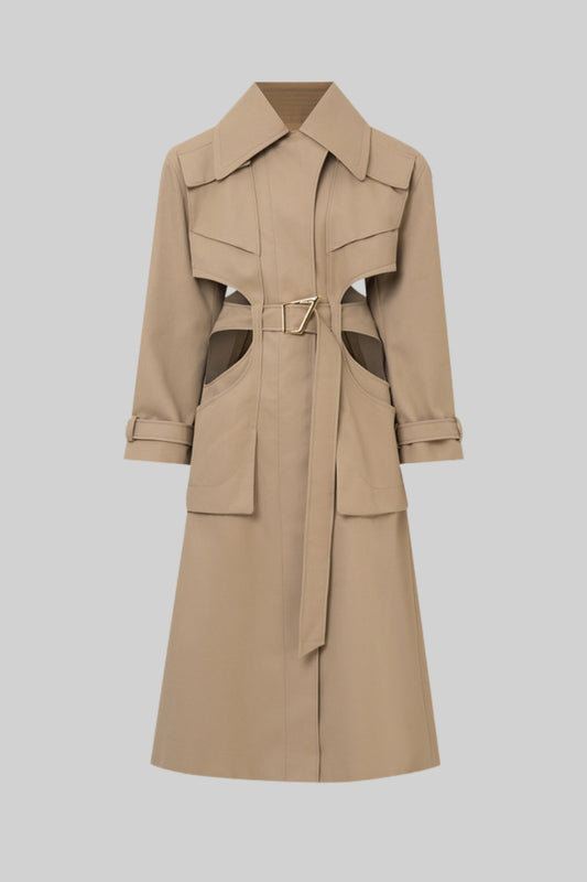 Trench Coat Cortado com Cintura Cinturada e Bolsos Utilitários - Bege