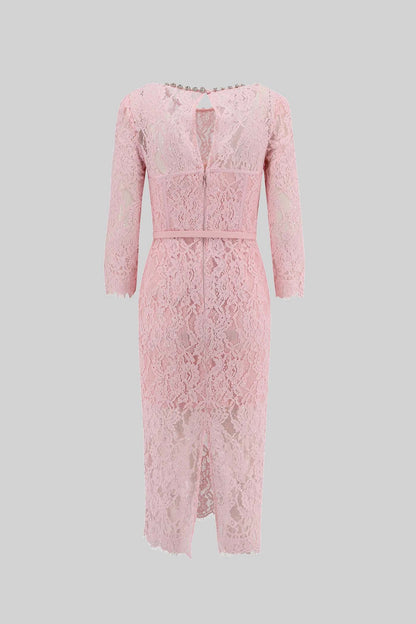Vestido Elegante de Renda de Manga Longa com Cinto Correspondente - Rosa