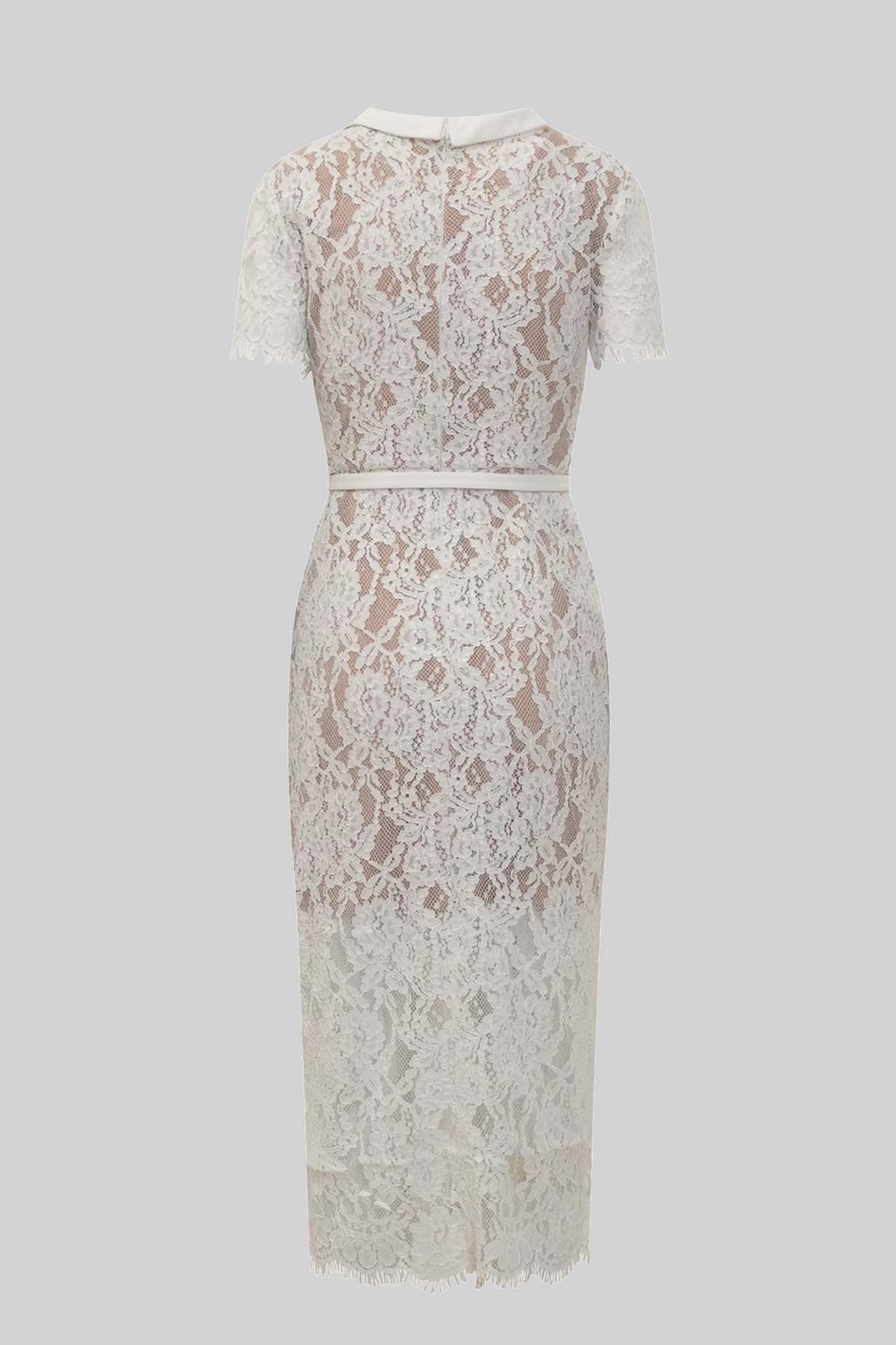 Vestido Elegante de Renda de Manga Curta com Cinto a Condizer - Branco