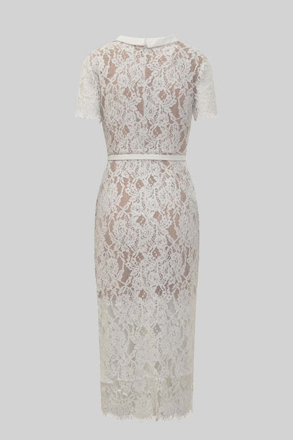 Vestido Elegante de Renda de Manga Curta com Cinto a Condizer - Branco