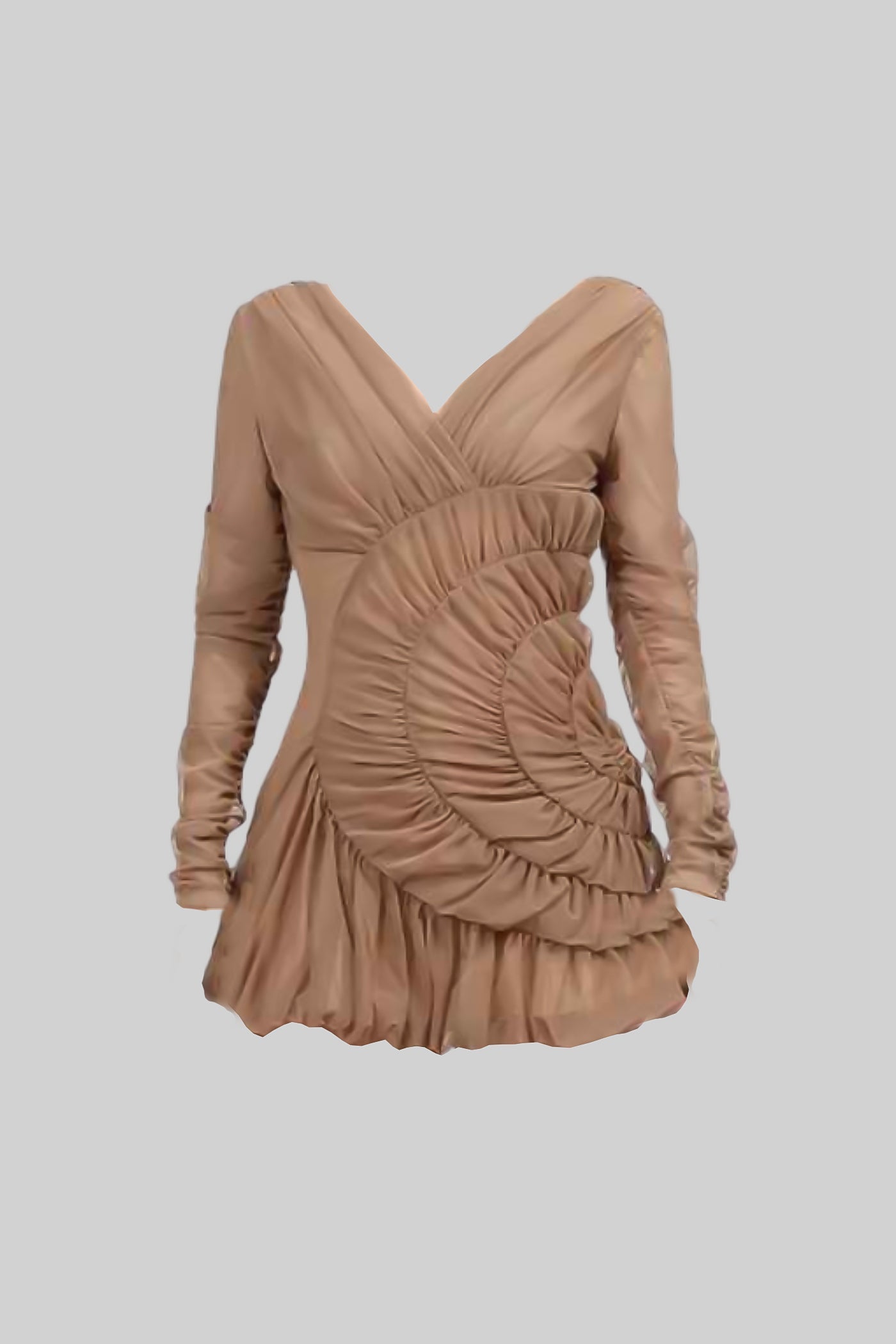 Vestido Mini Drapeado com Detalhes de Pregas em Espiral - Nude
