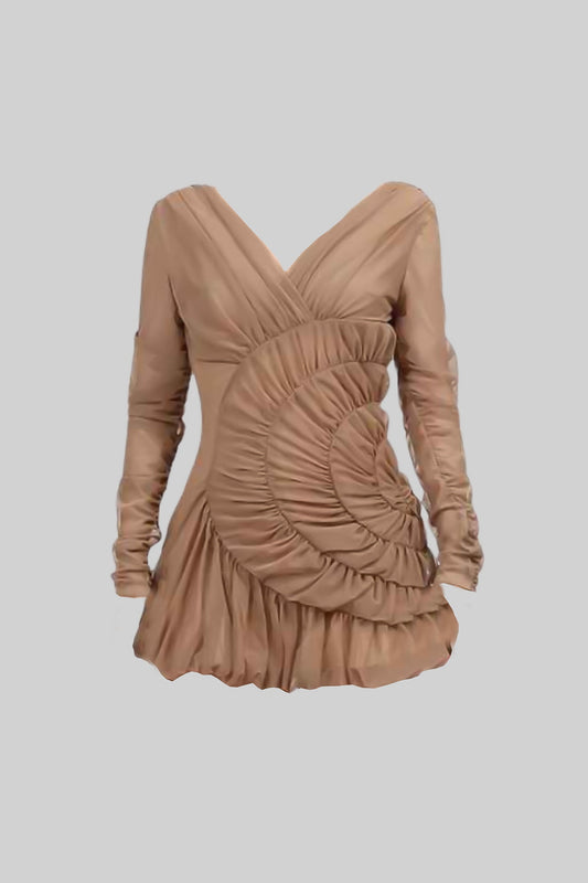 Vestido Mini Drapeado com Detalhes de Pregas em Espiral - Nude