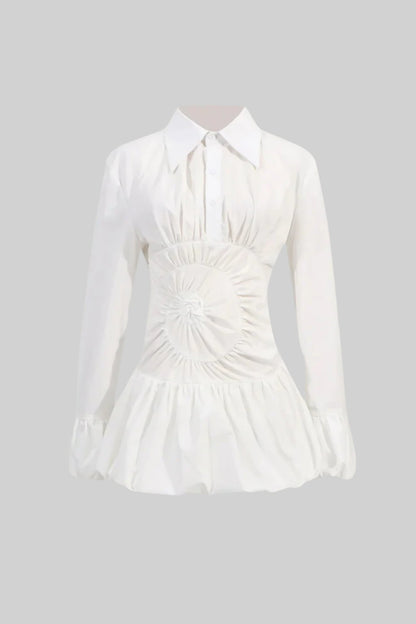 Camisa Mini Vestido com Detalhe de Cintura Franzida Circular - Branco