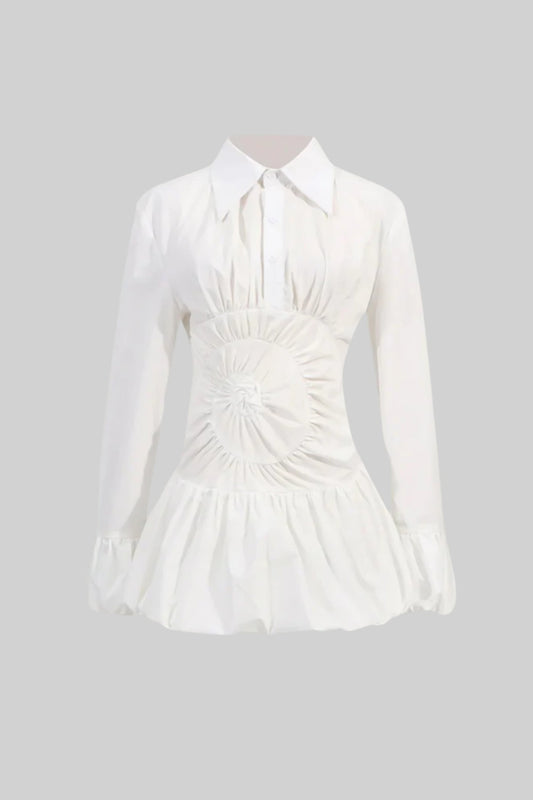 Camisa Mini Vestido com Detalhe de Cintura Franzida Circular - Branco