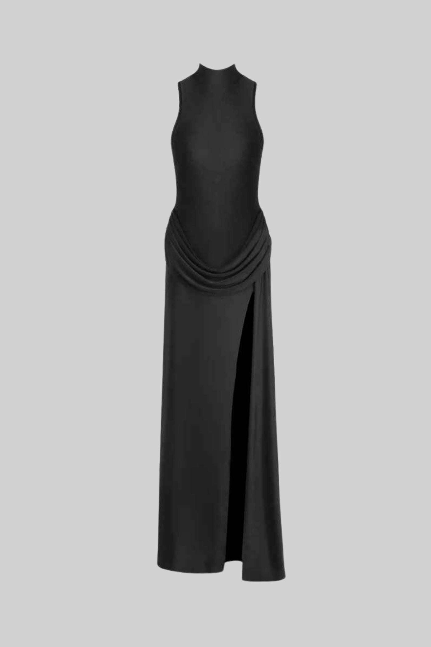 Vestido Maxi Sem Mangas com Cintura Drapada e Fenda Lateral - Preto