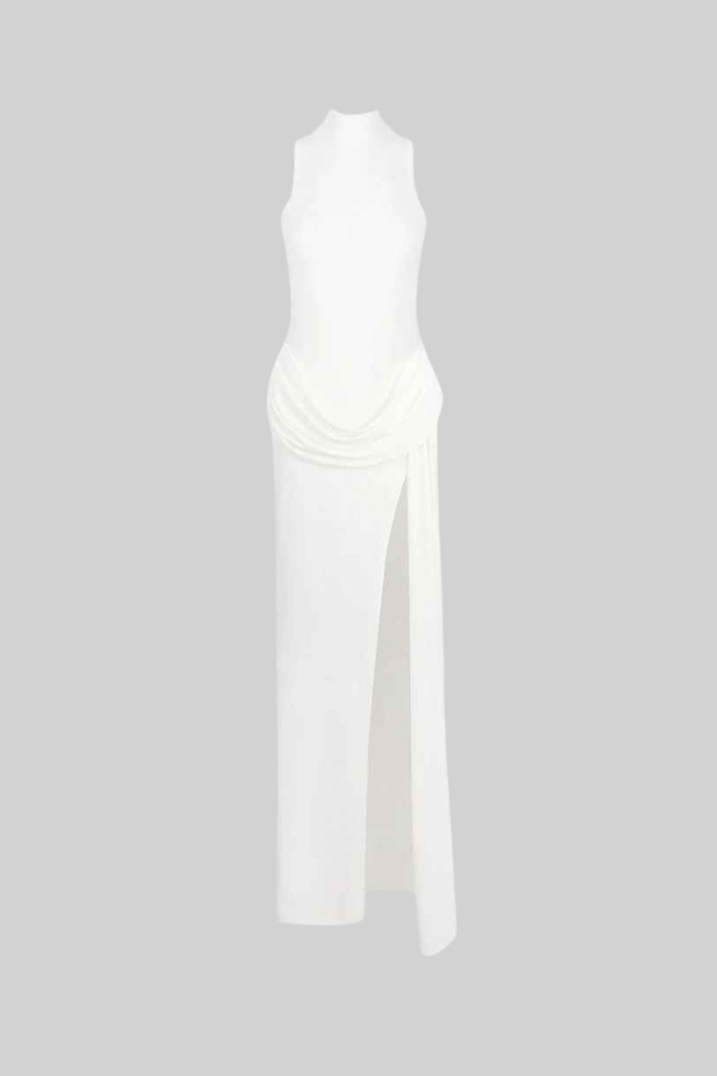 Vestido Maxi Sem Mangas com Cintura Drapada e Fenda Lateral - Branco