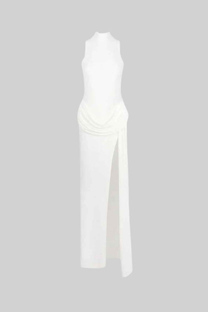 Vestido Maxi Sem Mangas com Cintura Drapada e Fenda Lateral - Branco