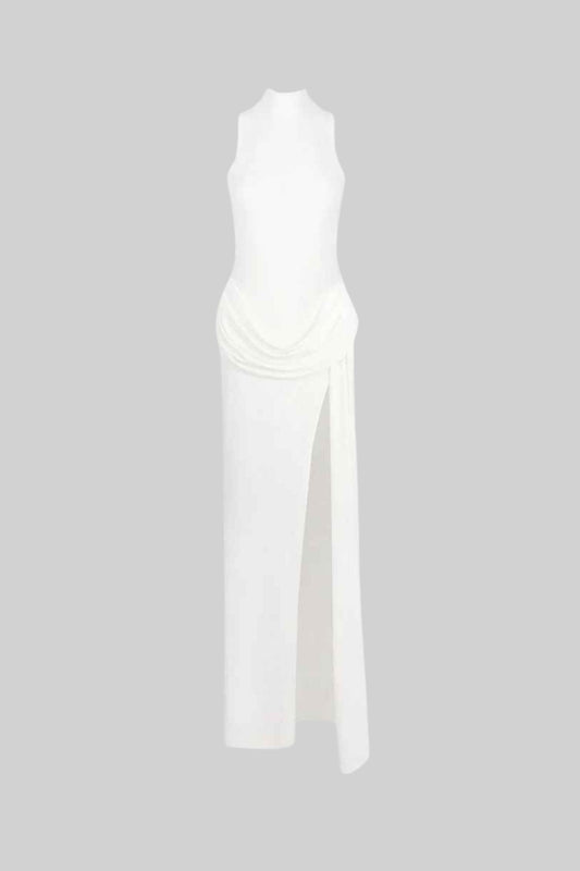 Vestido Maxi Sem Mangas com Cintura Drapada e Fenda Lateral - Branco