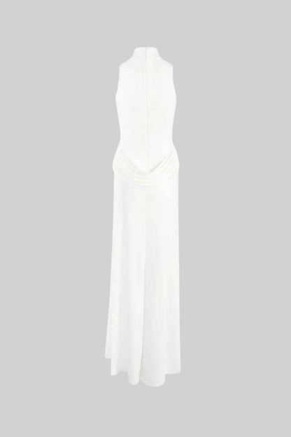 Vestido Maxi Sem Mangas com Cintura Drapada e Fenda Lateral - Branco