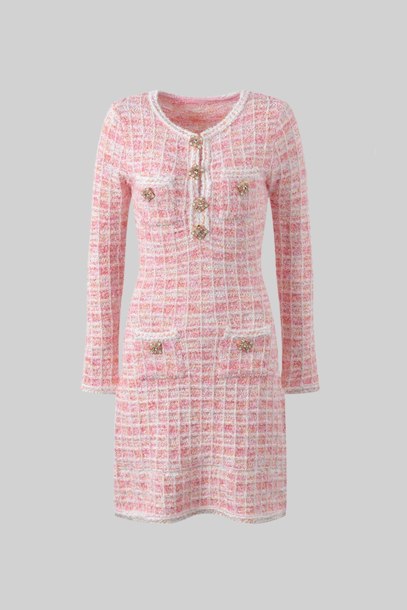 Vestido Mini em Tweed com Botões de Jóia - Rosa