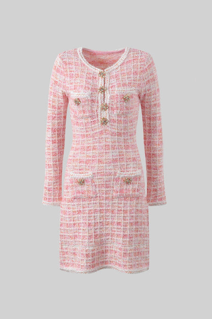 Vestido Mini em Tweed com Botões de Jóia - Rosa