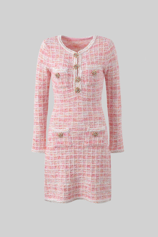 Vestido Mini em Tweed com Botões de Jóia - Rosa