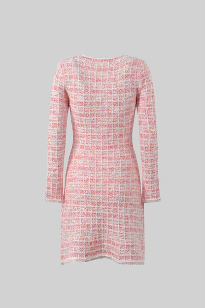 Vestido Mini em Tweed com Botões de Jóia - Rosa
