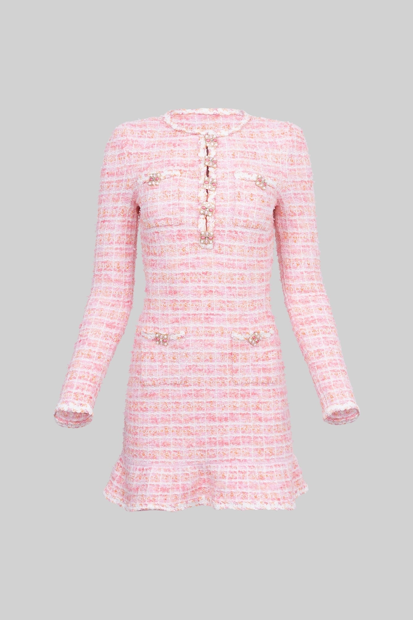 Vestido Mini em Tweed com Botões de Jóia - Rosa