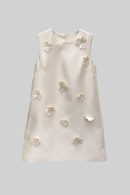 Vestido Mini Sem Mangas com Aplicações Florais em 3D - Ivoire