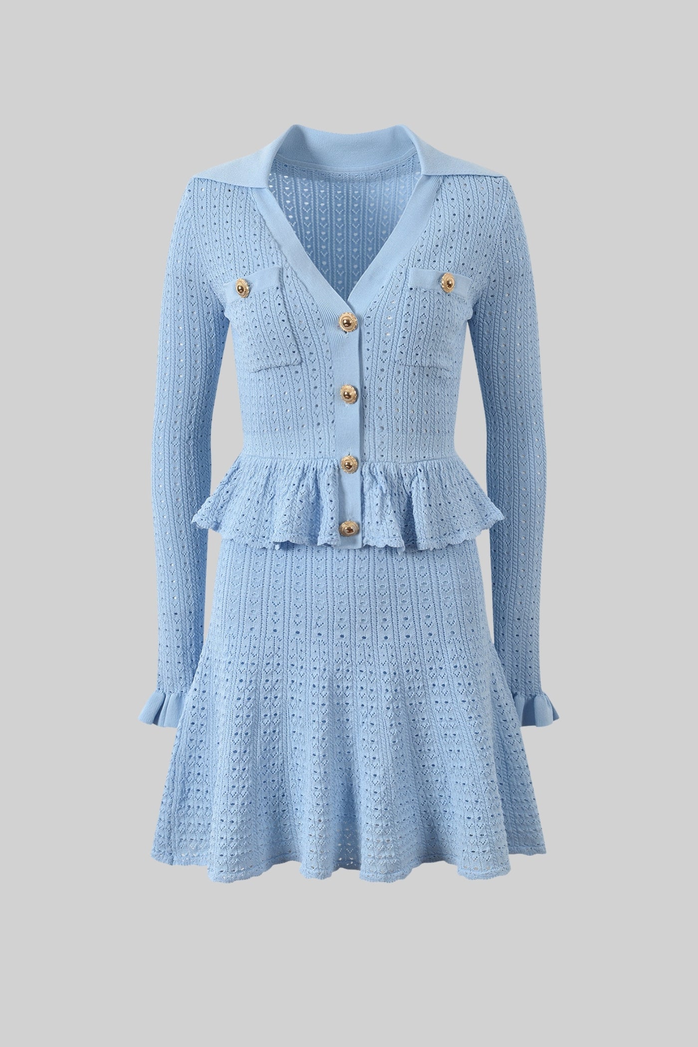 Vestido Mini de Malha com Cintura Peplum e Detalhe em Botão Dourado - Azul Claro