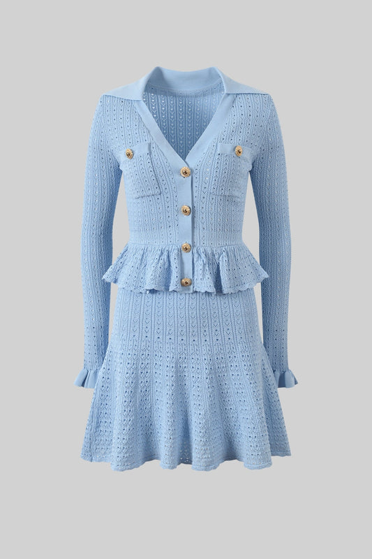 Vestido Mini de Malha com Cintura Peplum e Detalhe em Botão Dourado - Azul Claro
