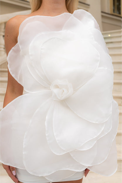Vestido Mini Floral de Organza Volumosa 3D - Branco