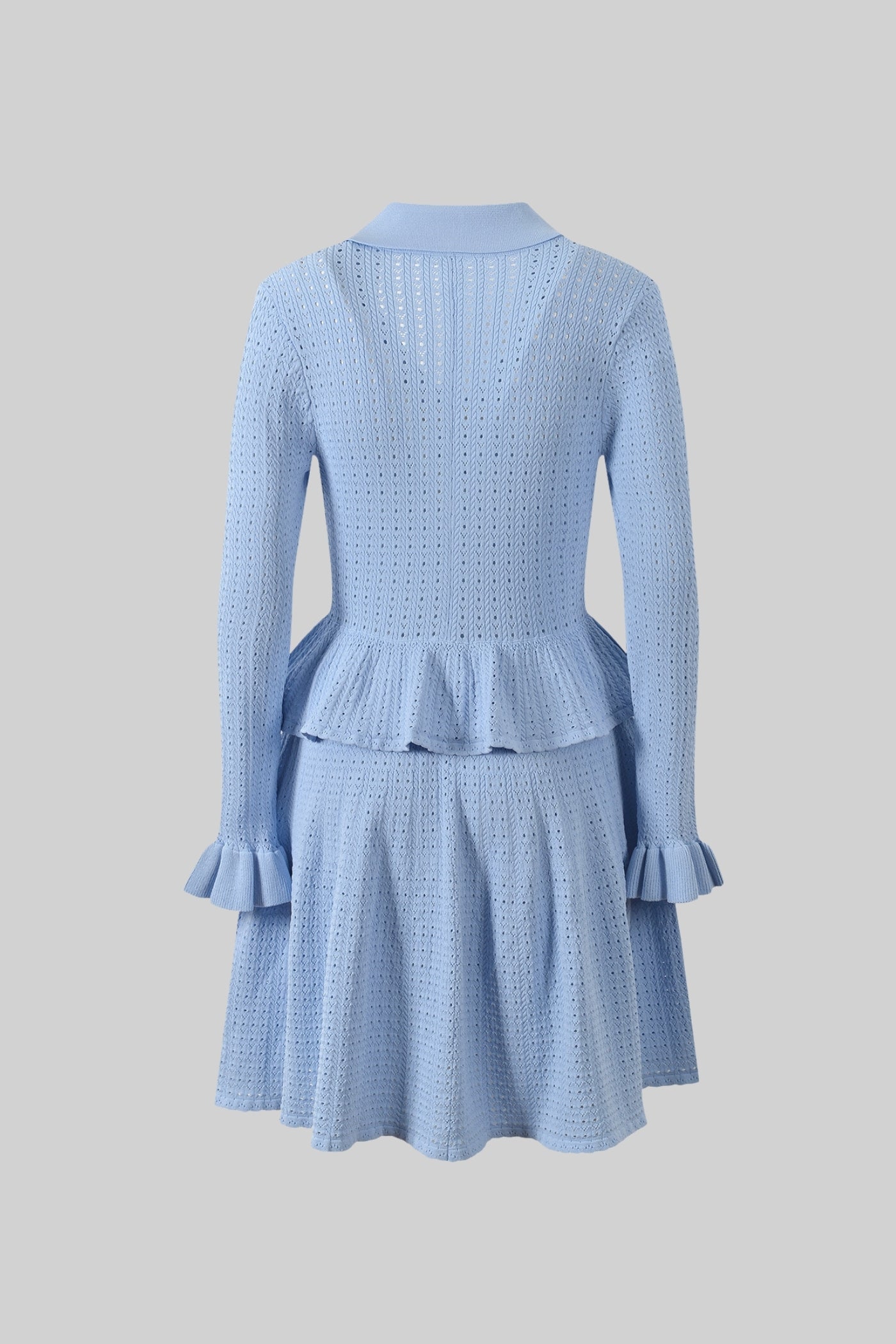 Vestido Mini de Malha com Cintura Peplum e Detalhe em Botão Dourado - Azul Claro