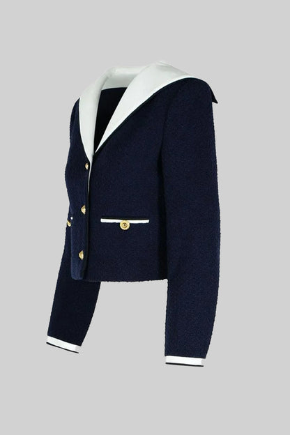 Casaco Cortado em Tweed com Gola em Contraste - Azul Marinho